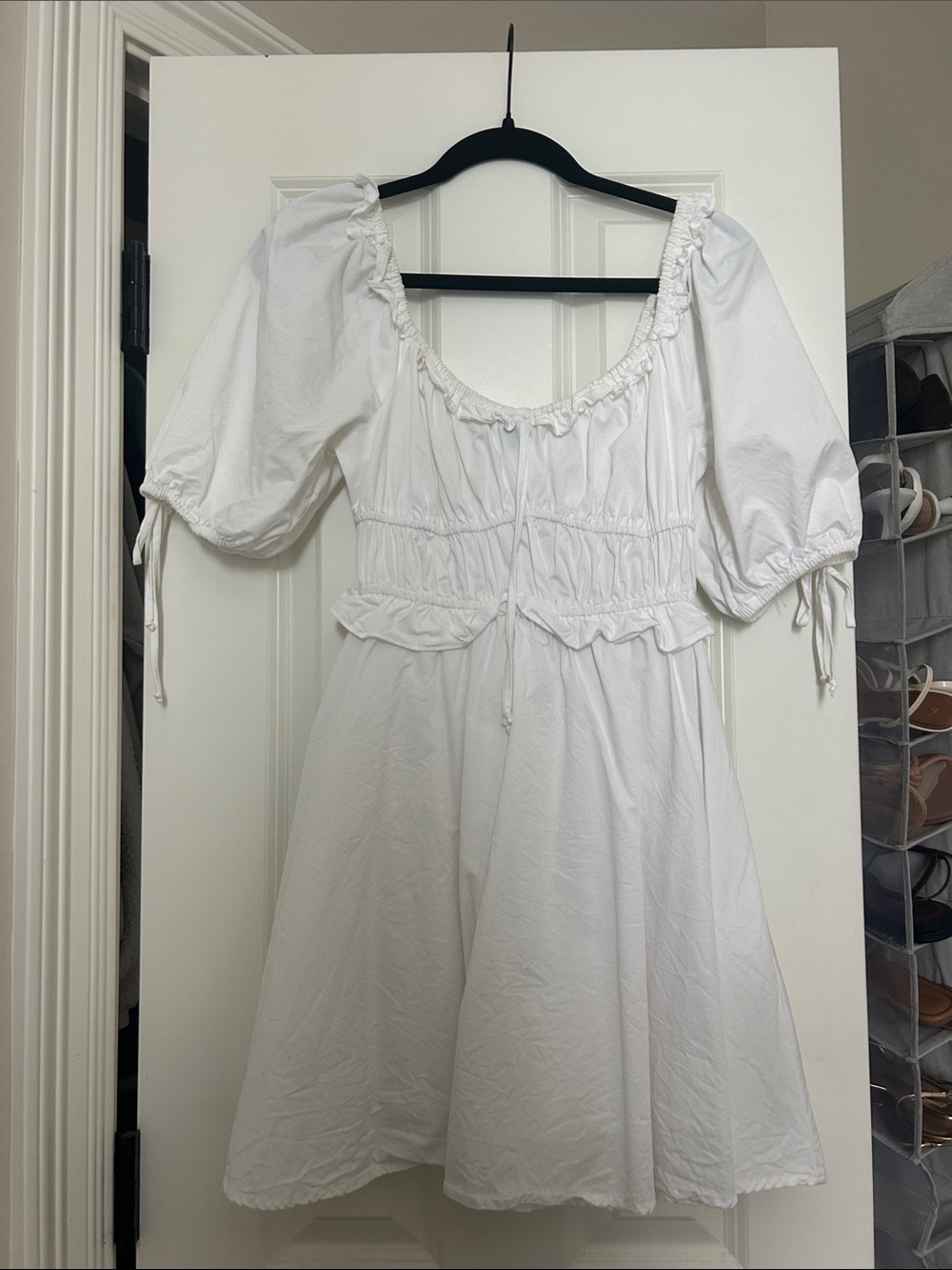 White Peasant-Style Puff Sleeve Dress